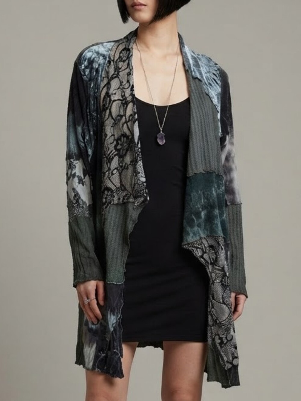 Patchwork Mixed Media Cardigan Lace Velvet Knit Sz XL Whimsigoth Dark Fairy Goth